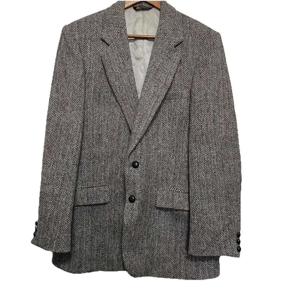 VTG Harris Tweed‎ Sport Coat Blazer Jacket Size 41 Gray Herringbone Wool